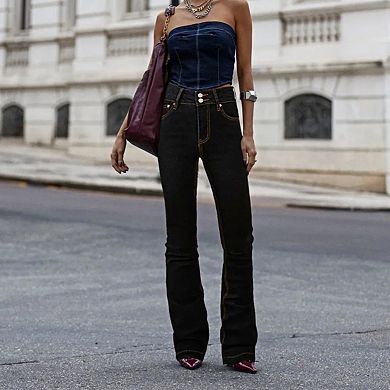 Women's High Waisted Contrast Stitch Flare Jeans, Dark Wash Bootcut Denim Pants