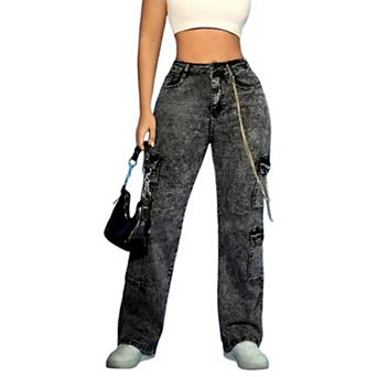 Women's High Waisted Acid Wash Cargo Jeans, Chain Detail Denim Pants