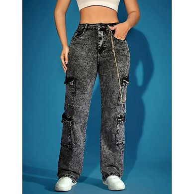 Women's High Waisted Acid Wash Cargo Jeans, Chain Detail Denim Pants