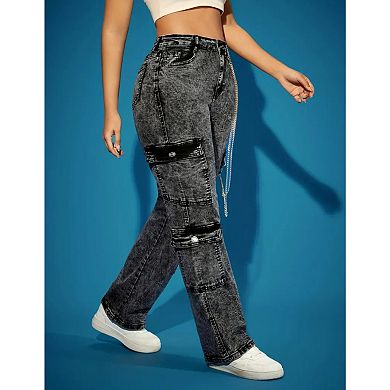 Women's High Waisted Acid Wash Cargo Jeans, Chain Detail Denim Pants