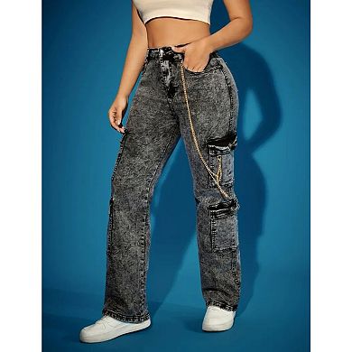 Women's High Waisted Acid Wash Cargo Jeans, Chain Detail Denim Pants