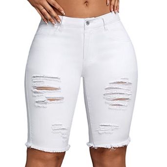 Women's High Waisted Distressed Denim Bermuda Shorts, Raw Hem Bike Shorts