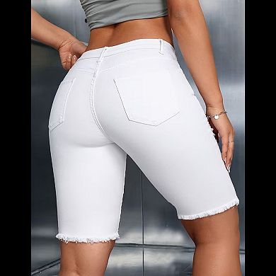 Women's High Waisted Distressed Denim Bermuda Shorts, Raw Hem Bike Shorts