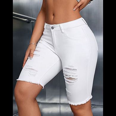 Women's High Waisted Distressed Denim Bermuda Shorts, Raw Hem Bike Shorts