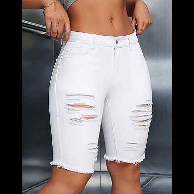 Women's High Waisted Distressed Denim Bermuda Shorts, Raw Hem Bike Shorts