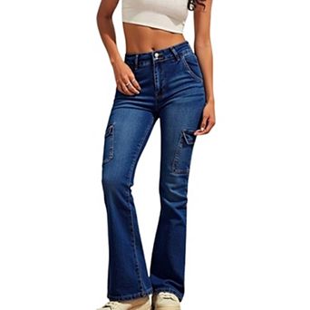Women's High Waisted Cargo Flare Jeans, Utility Bootcut Denim Pants