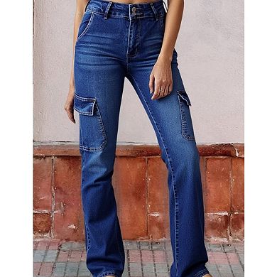 Women's High Waisted Cargo Flare Jeans, Utility Bootcut Denim Pants