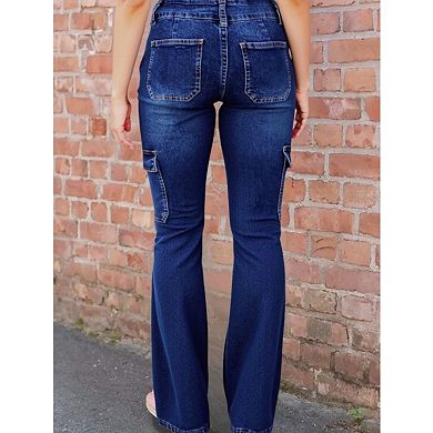 Women's High Waisted Cargo Flare Jeans, Utility Bootcut Denim Pants