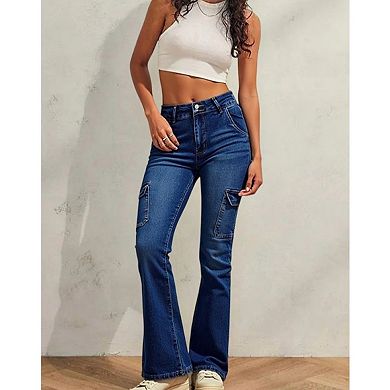 Women's High Waisted Cargo Flare Jeans, Utility Bootcut Denim Pants