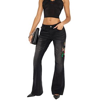 Women's Fleece-Lined Printed Flare Jeans, Dark Wash Bootcut Denim Pants