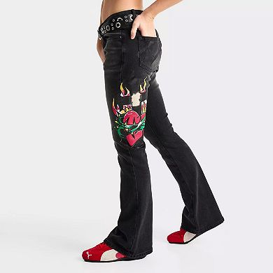 Women's Fleece-Lined Printed Flare Jeans, Dark Wash Bootcut Denim Pants