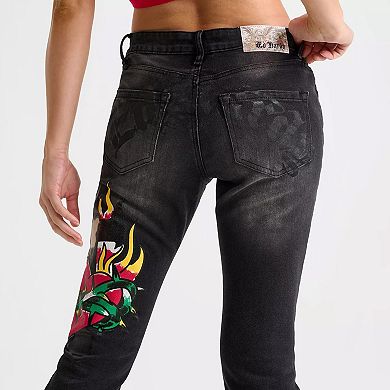 Women's Fleece-Lined Printed Flare Jeans, Dark Wash Bootcut Denim Pants
