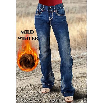 Women's Fleece-Lined Star Embroidered Bootcut Jeans, Light Wash Western Denim Pants