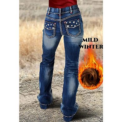 Women's Fleece-Lined Star Embroidered Bootcut Jeans, Light Wash Western Denim Pants