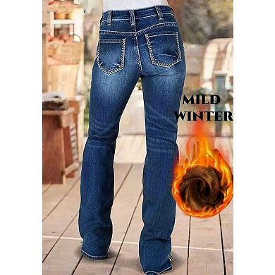 Women's Fleece-Lined Western Stitch Bootcut Jeans, Dark Wash Winter Denim Pants