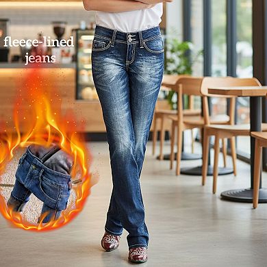 Women's Fleece-Lined Western Stitch Bootcut Jeans, Dark Wash Winter Denim Pants