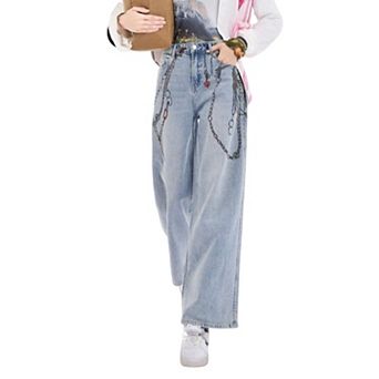 Women's High Waisted Chain Print Wide Leg Jeans, Light Wash Baggy Denim Pants