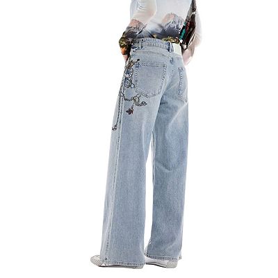 Women's High Waisted Chain Print Wide Leg Jeans, Light Wash Baggy