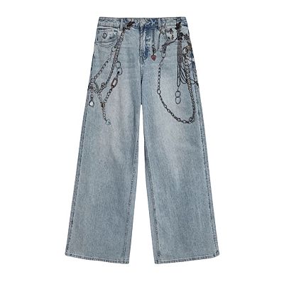 Women's High Waisted Chain Print Wide Leg Jeans, Light Wash Baggy