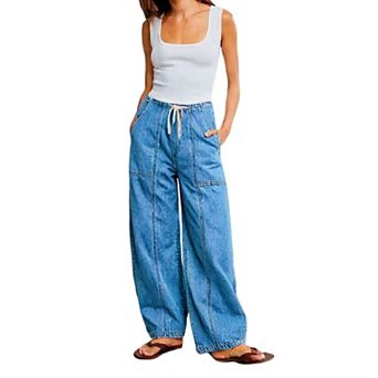 Women's Elastic Waist Drawstring Barrel Jeans, Light Wash Casual Denim Pants