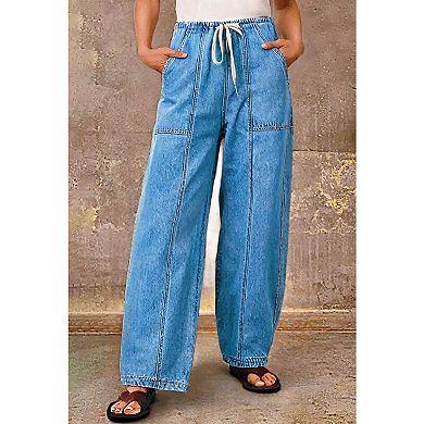 Women's Elastic Waist Drawstring Barrel Jeans, Light Wash Casual Denim Pants