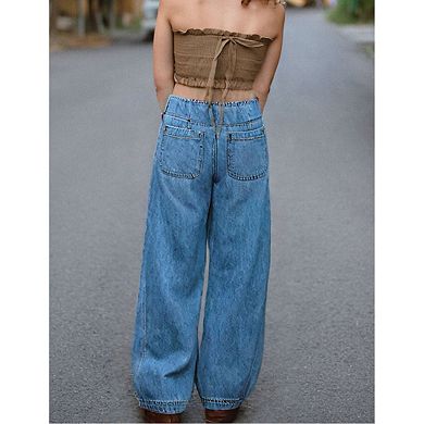 Women's Elastic Waist Drawstring Barrel Jeans, Light Wash Casual Denim Pants