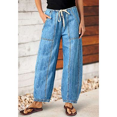 Women's Elastic Waist Drawstring Barrel Jeans, Light Wash Casual Denim Pants