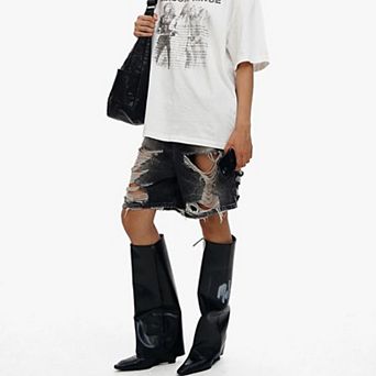 Women's High Waisted Distressed Black Denim Bermuda Shorts, Vintage Washed Jean Cutoffs