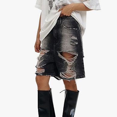 Women's High Waisted Distressed Black Denim Bermuda Shorts, Vintage Washed Jean Cutoffs