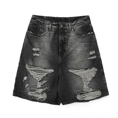 Women's High Waisted Distressed Black Denim Bermuda Shorts, Vintage Washed Jean Cutoffs