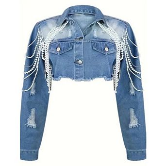 Women's Cropped Denim Jacket with Pearl Fringe, Distressed Light Wash Jean Coat