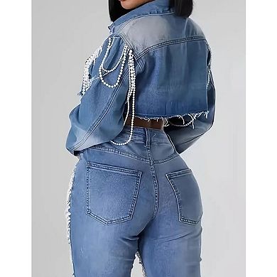 Women's Cropped Denim Jacket with Pearl Fringe, Distressed Light Wash Jean Coat