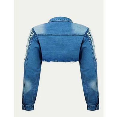 Women's Cropped Denim Jacket with Pearl Fringe, Distressed Light Wash Jean Coat