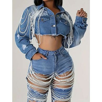 Women's Cropped Denim Jacket with Pearl Fringe, Distressed Light Wash Jean Coat