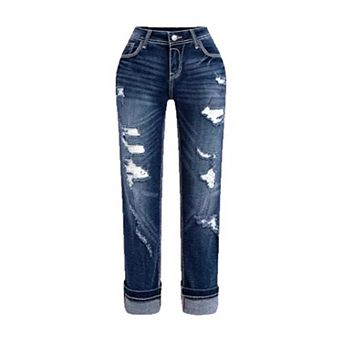 Women's High Waisted Distressed Rolled Cuff Straight Leg Jeans, Dark Wash Denim Pants