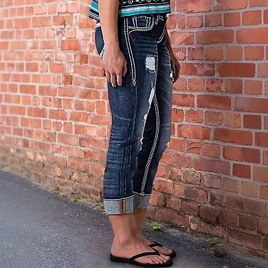 Women's High Waisted Distressed Rolled Cuff Straight Leg Jeans, Dark Wash Denim Pants