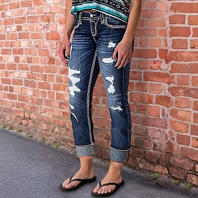 Women's High Waisted Distressed Rolled Cuff Straight Leg Jeans, Dark Wash Denim Pants