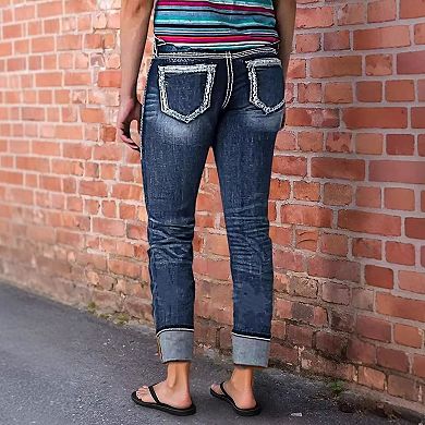 Women's High Waisted Distressed Rolled Cuff Straight Leg Jeans, Dark Wash Denim Pants