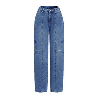 Women's High Waisted Cargo Straight Leg Jeans, Medium Wash with Vertical Seams