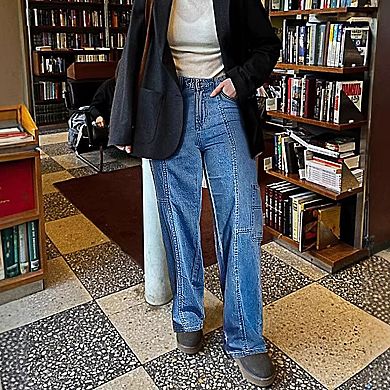 Women's High Waisted Cargo Straight Leg Jeans, Medium Wash with Vertical Seams