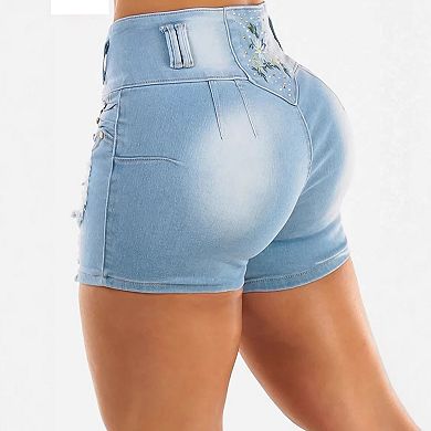 Women's High Waisted Button Fly Distressed Denim Shorts, Light Wash with Floral Embroidery
