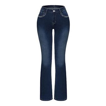 Women's Fleece-Lined Western Embroidered Flare Jeans, Dark Wash Winter Denim Pants