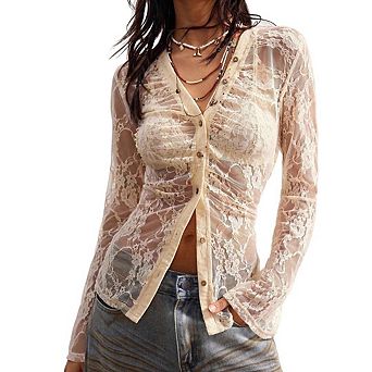Women's Ruched Mesh Floral Print Blouse V Neck Button Boho Y2k Bell Sleeve Tops