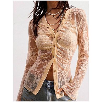 Women's Ruched Mesh Floral Print Blouse V Neck Button Boho Y2k Bell Sleeve Tops