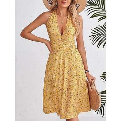 Women's V-Neck Sundress Sleeveless Halter Neck Elastic Waist Ruffle Mini Dresses