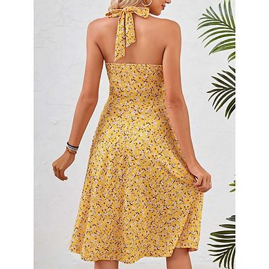 Women's V-Neck Sundress Sleeveless Halter Neck Elastic Waist Ruffle Mini Dresses