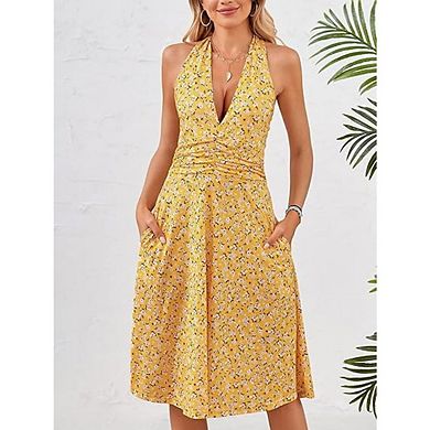 Women's V-Neck Sundress Sleeveless Halter Neck Elastic Waist Ruffle Mini Dresses