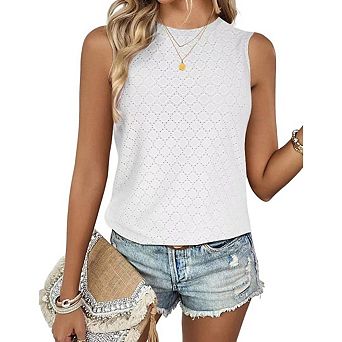 Women's T Shirt Eyelet Loose Casual Summer Tops Crew Neck Basic Sleeveless Shirts Trendy