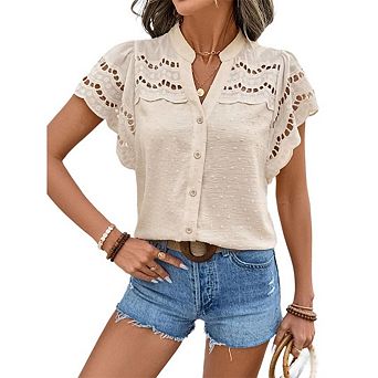 Women's Eyelet Embroidery Blouse V Neck Button Down Shirt Flounce Short Sleeve Top