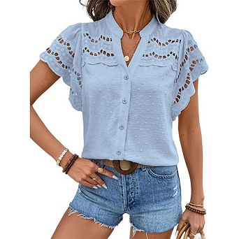 Women's Eyelet Embroidery Blouse V Neck Button Down Shirt Flounce Short Sleeve Top